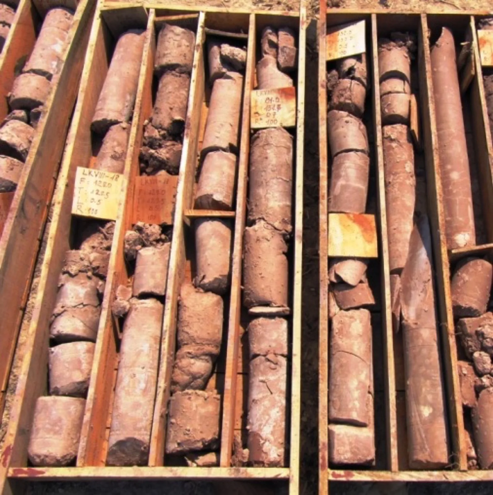 Drill core samples from Saga Metals Corp.'s Radar Titanium-Vanadium-Iron critical minerals project near Cartwright, Labrador