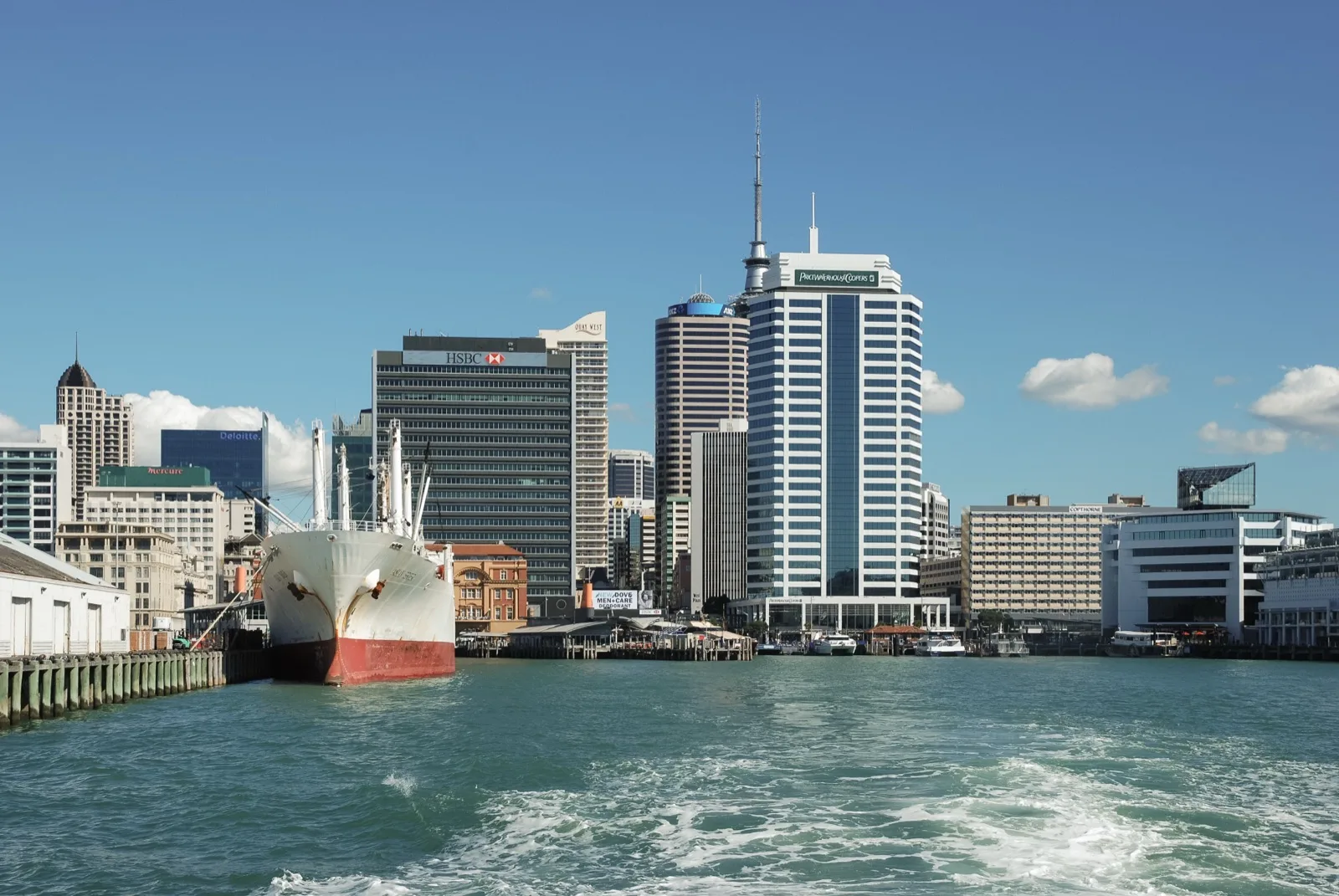 Container port and city skyline in Tauranga, New Zealand