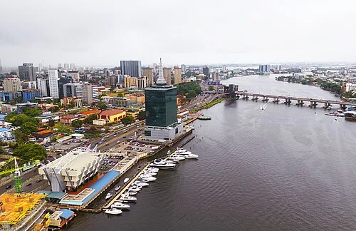 Aerial view of victoria island in Lagos, Nigeria with habours for yatches