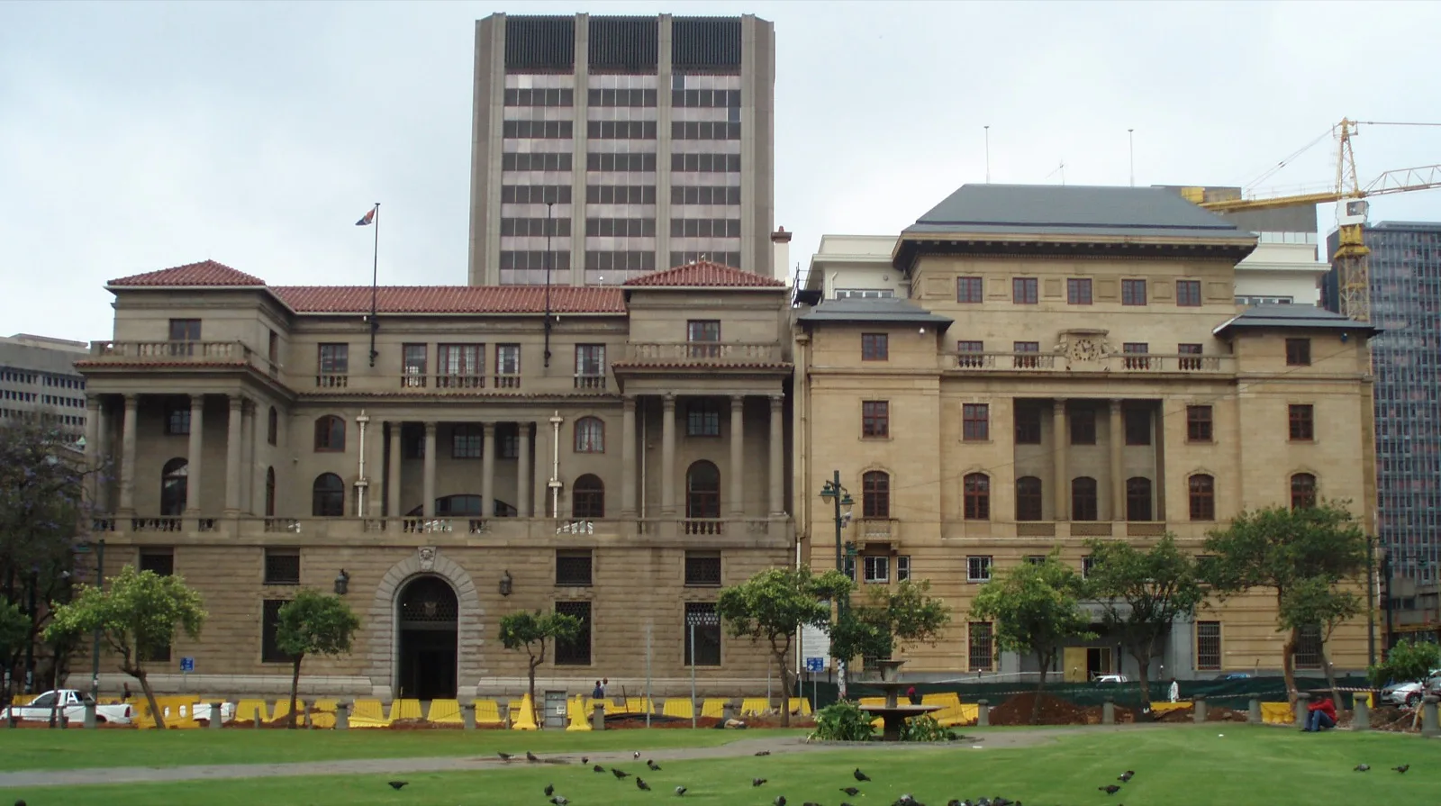 The trading floor and exterior signage of the Johannesburg Stock Exchange building in Sandton, South Africa